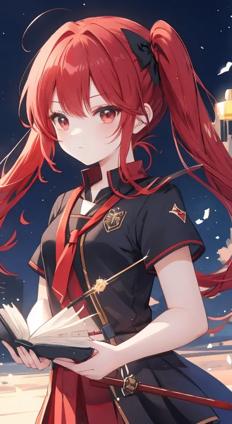 Red hair, tied into twin ponytails, black headband, wearing mage uniform, holding magic staff and magic book, flying in the air, about 
