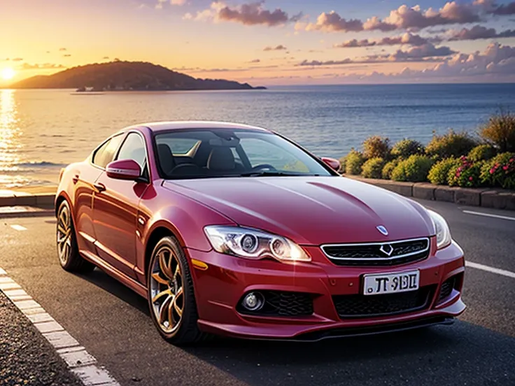 A romantic fantasy-style painting featuring a cute pink car on a seaside road during sunset. The car is decorated with numerous colorful heart-shaped balloons tied to it. The roadside is adorned with vibrant flowers of various types and colors, creating a ...