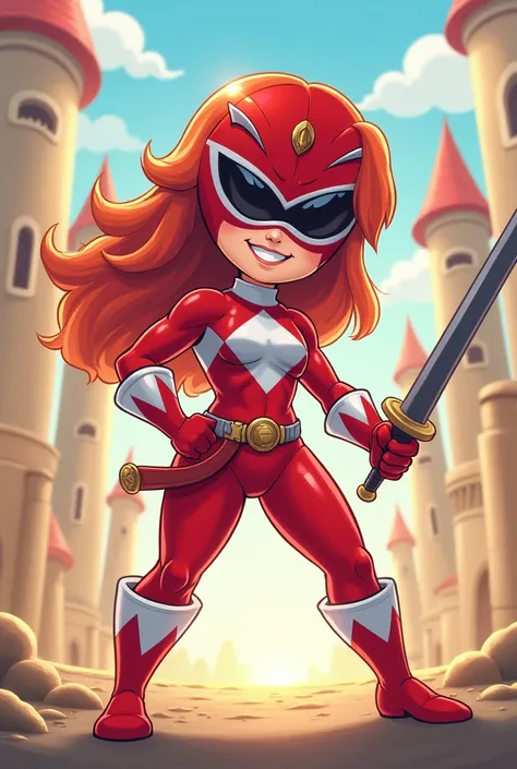 Create an image of a red haired power ranger muscle girl using white clothes holding one sword, power rangers body suit white, chibi muscle girl, sunny castle,  chibi muscle defined legs, ((large hips)), detailed, masterpiece, red tiny smile, anime style, ...