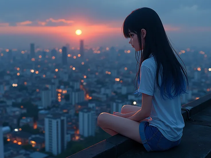  girl with a mix of Japanese and Thai looks, ,  has a normal build , but not thin .  has long black hair ,  but the ends of her hair were painted blue ,  eye color dark brown .  was sitting on the edge of the roof of an approximately five-story building la...