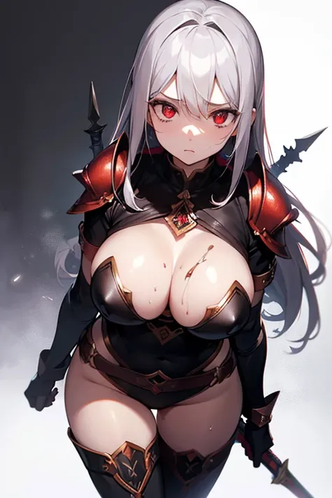 Detected , Red eye, Pretty girl, Expressionless, Fantasy, dagger, sweat,  Very detailed, bright background, High quality photos,  big boobs, medieval armor