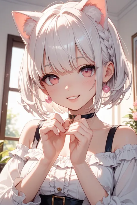  anime girl with cat ears , Soft white fluff in her ears , Her eyes are big、I was full of curiosity,  She was excited and happy to see me,  beautiful eyes, White Hair, pink eye, , Good picture, anime 2d, 2D, cute, Five fingers on each hand,  beautiful hand...