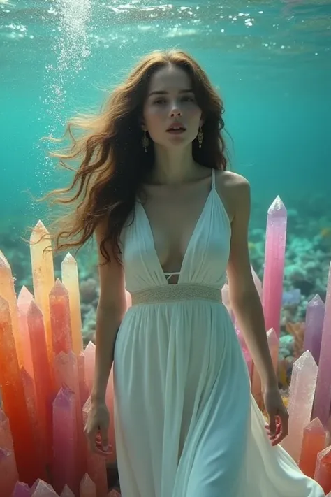 1girl, pale skin,very large natural breasts,long white dress,Very long brown wavy hair, Brown eyes, stunningly beautiful face, flushed cheeks, anxious,nervous smile. Looking at viewer. She is Underwater floating just above hundreds of translucent multi col...