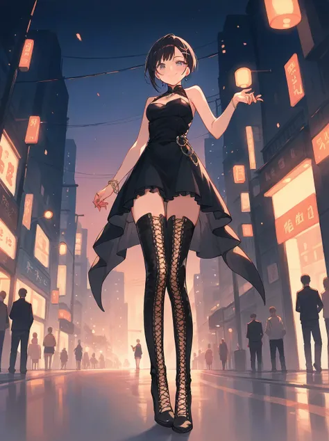 score_8_up, score_7_up, score_6_up, source_anime, 1girl, solo, evening, street, from below, shoe focus
smile, 
cross-laced footwear, thigh boots
Champagne boots
black dress 