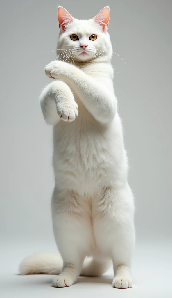 White cat posing with legs raised. Real photo 