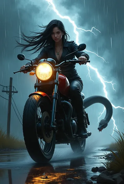 lightning，snake，Japanese long-haired girl，motorcycle