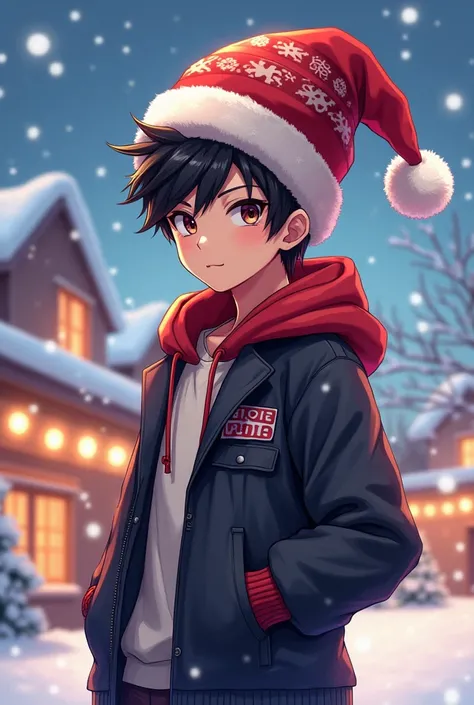 Can u create a cool looking anime boy who is wearing christmas hat