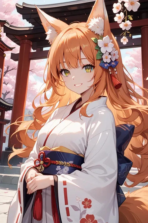 masterpiece,  top quality ,  very detailed,  One girl , Alone, (:3:0.9), animal ear fluff,  animal ears ,  has orange hair,  fluffy hair , ,  brown eyes, flower,  fox ears,  fox girl,  gradients ,  gradients  background,   Hair Flower,  hair accessories, J...