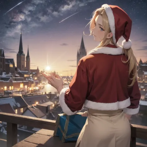 Santaclaus in his 20s without beard, beautiful eye, masterpiece, high quality, golden hair, beautiful background, night time, shine from the back, stars and town at the background