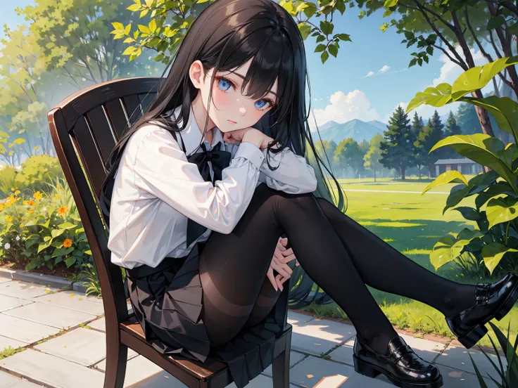  Long straight black hair , School Uniform,    blue eyes， Black Leather Shoes ，  black pleated skirt  ,   black pantyhose ,  Black Leather Shoes ,   sitting on a chair ，HEALTHY SKIN , Outdoor scenery, Green leaves and blue sky, Bright natural light    ,   ...