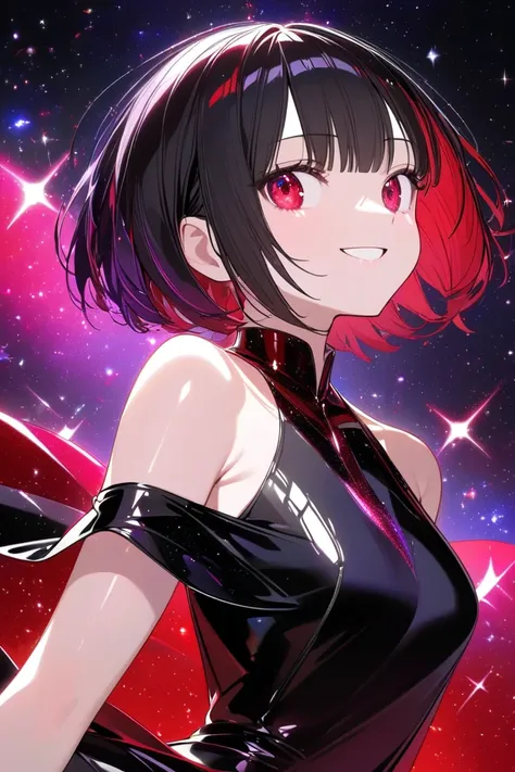   girl, 18 years old, Short hair ,  Medium bangs , Black hair, conjunctivitis,  smilesmileTeeth ,  Tight black dress with half open shoulders,  black-red tunic with open shoulders ,  flat,  shiny red  ,  Purple Glitter , Stars,   side view  , Zoom,