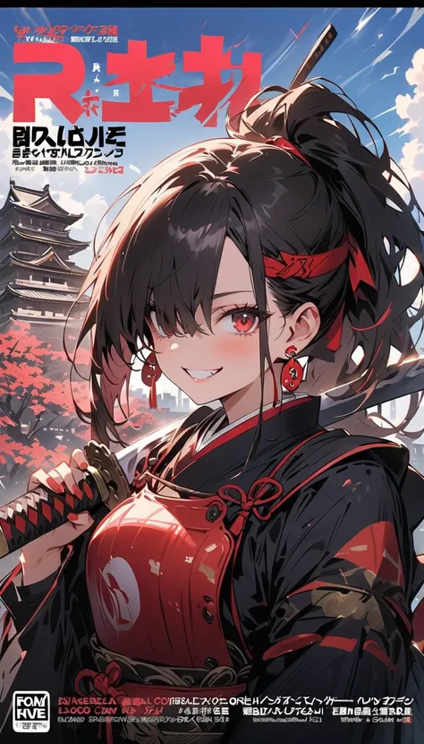 ( beautiful girl : 1.3), 1 girl,(samurai,warrior,headband,Chest guard, earrings for women with first name,(Holding a Japanese sword on his shoulder, accurate depiction of a Japanese sword )), black hair, ponytail, hair over one eye,smile,Reckless attitude,...