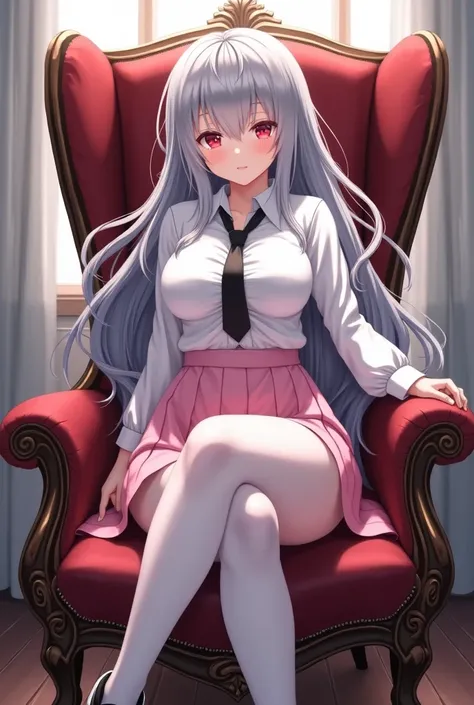 Anime girl sexy body white silver hair very red eyes with white shirt pink skirt and white tights black sneakers and black tie sitting on her course chair long hair big breasts very beautiful 