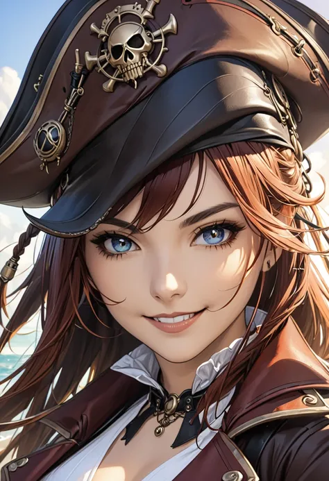  steampunk。Portrait of a beautiful female Buccaneer pirate。 look at the viewer 。powerful smile 。