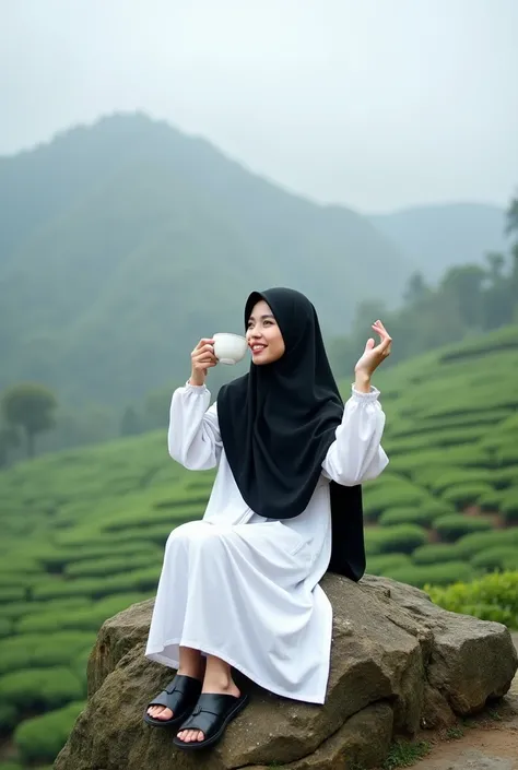  Realistic photo Beautiful smiling girl wearing long black hijab ,  wearing long gamis white color thin material , wearing black leather sandals ,  sitting on the rock and dringking coffee in the middle of a tea plantation while raising both hands up, fogg...