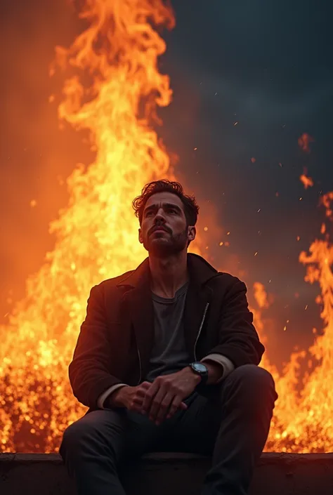 A man sitting with flames around him watching the sky and the sky being divided between day and night 