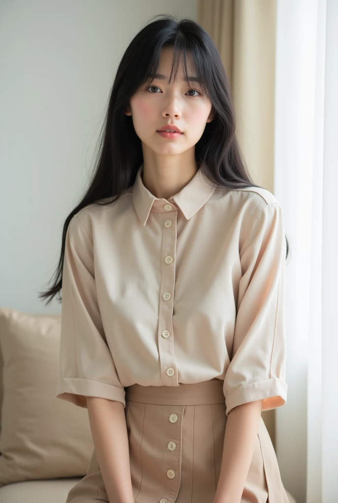 Detailed image of a Japanese woman in her 20s, with straight black hair and clear skin, wearing conservative clothing such as a pastel-colored blouse and a knee-length skirt. She has a calm and gentle expression, standing or sitting in a natural and elegan...