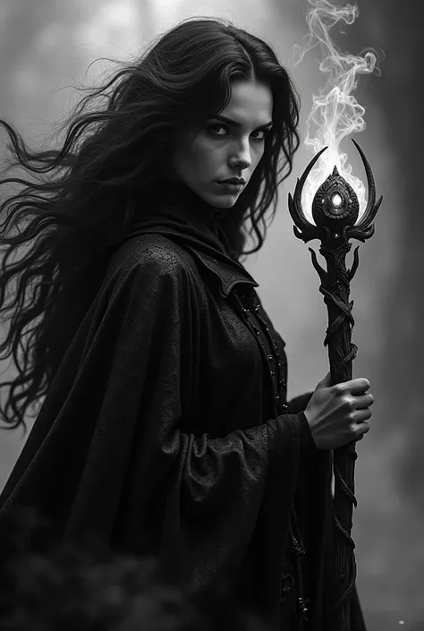 A close up picture of powerful and enigmatic sorceress captured in a 3/4 angle. She wears a long, flowing, intricately patterned cloak with dark, shadowy folds that blend into the background. Her sharp, defined features radiate authority, while her piercin...