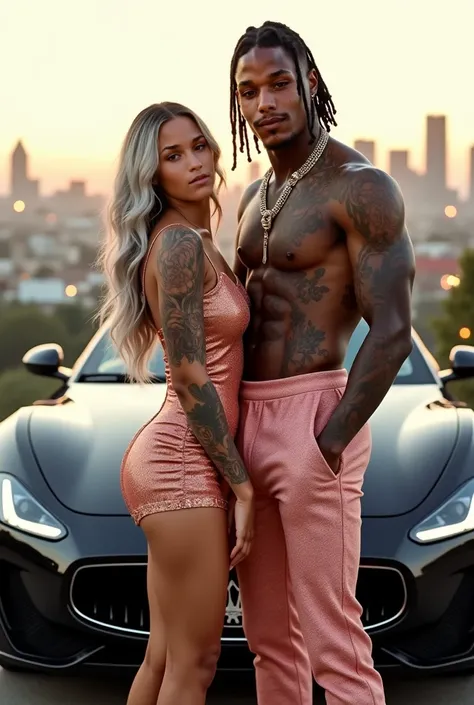 a close shot of a smiling 20 year old pale white Caucasian woman standing next to of her very tall and fit 6’7” light brown skin boyfriend. interracial couple standing in front of a very sexy meseratti car parked and overlooking the city of los angeles dur...