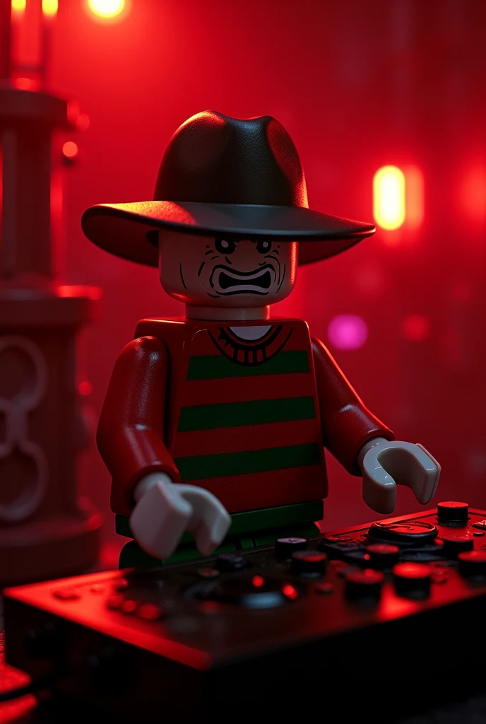 lego man in Freddy Krugers sweater DJ stands at the remote in the red and black room