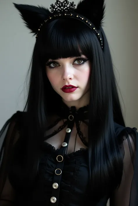  Create a girl between 22 years old ,  white skin Appearance with the following appearance 
Girl with goth makeup,  black hair and intense eyes .
 black hair, long and straight.
 dark brown eyes .
Clothing Gothic-Lolita Style .