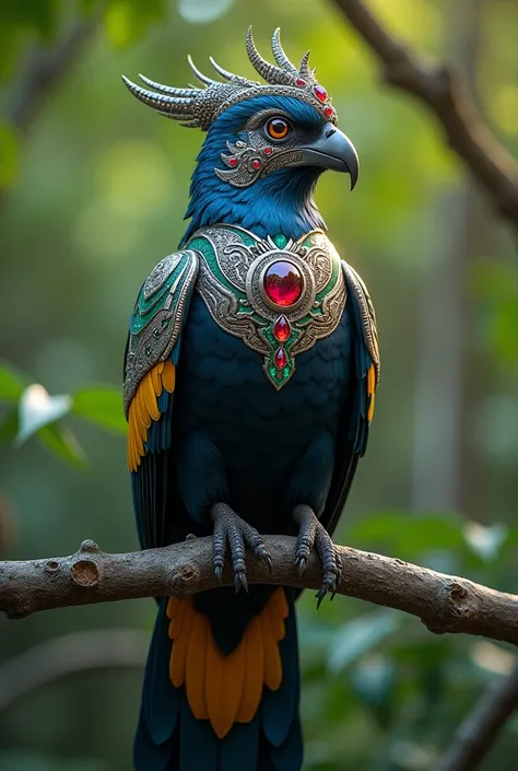 "A majestic and noble bird perched gracefully on a sturdy tree branch, designed with hyper-realistic details and a striking blend of vibrant colors. The bird’s feathers display a stunning mix of deep sapphire blue, golden yellow, and midnight black, with i...