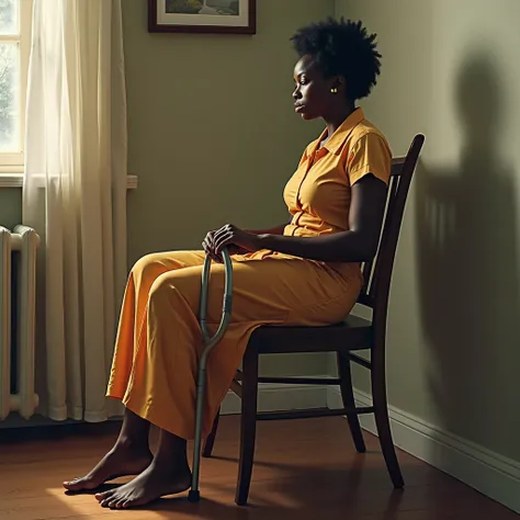 depicting a woman sitting on a chair with a crutch in her hand, a hyperrealistic painting by Chinwe Chukwuogo-Roy, trending on cg society, hyperrealism, absolutely exceptional image, an incredible photo, beautiful work of art, breathtaking work of art , in...