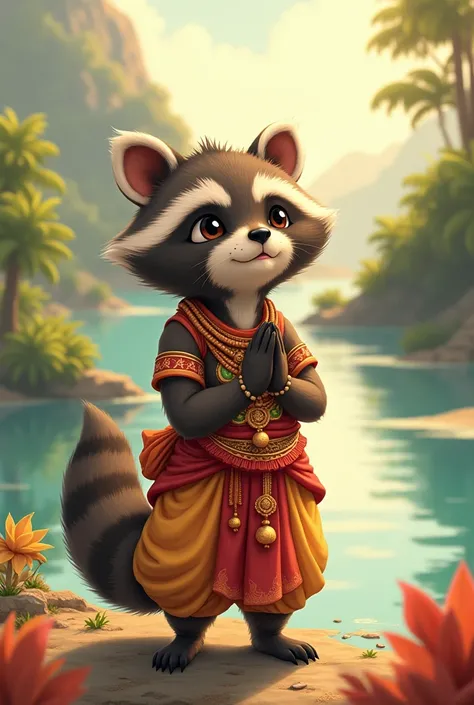 Create an anime Raccoon with Indian dressed up dhoti kurta on sore of  ganga river praying