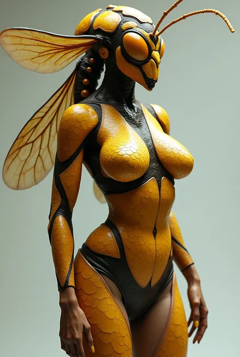 A beautiful hybrid wasp woman fused with huge breasts and a curved waist with a wasps head without clothes only covers her scales 