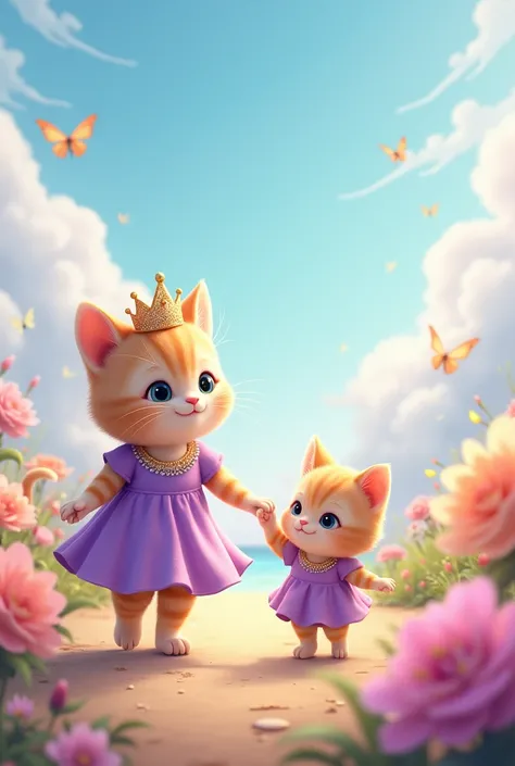 Heres a prompt:

Whimsical Scene
Create an image of a cute cat wearing a purple dress and a sparkly crown, walking hand-in-hand with a tiny baby cat on a sunny, flower-filled road. The background should feature a beautiful, dreamy landscape with fluffy whi...