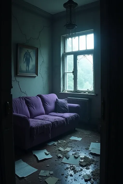 To create an AI-generated image similar to the third section of the example, heres a detailed prompt:

"Create a dark and eerie living room with a distressed and haunted appearance. The scene should include a worn-out purple sofa with tattered cushions, su...