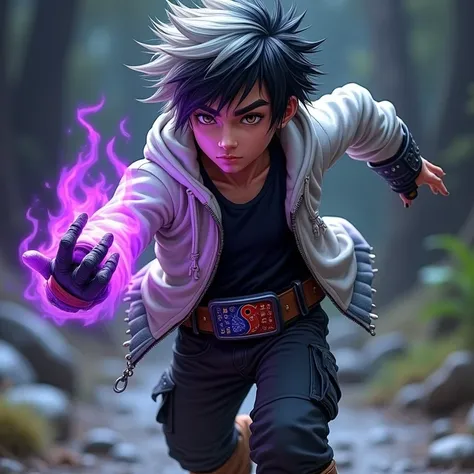  boy,  brown eyes,  Mixed Black Hair Dyed White ,   Zebra Print White Hoodie ,  Inside a Black Hoodie Shirt ,  black cargo pants, Wolverine&#39;s right hand only, Purple Flame,  Blue and Red Yin Yang Belt , Chain to belt, Athletic ability, magic powers,  c...