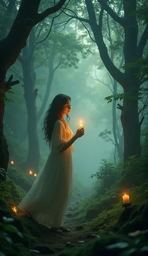 Let me create a reel picture with a candle in her hand going into the forest