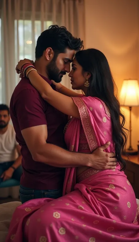 Indian 46 year old medium plus sized wife ,(wearing pink colour reflective saree and meroon colour glossy deep neck blouse) and 20 year old man driver kissing on bed. One man sitting on chair And he watching that, very bright light