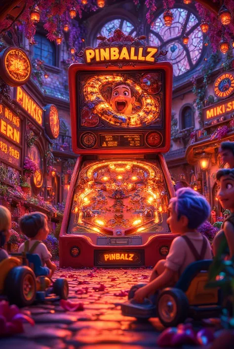 Imagine a colossal pinball machine that bursts with excitement and color! The scene features a vibrant, oversized pinball machine, where a go-kart track spirals around the interior, weaving through a thrilling bumper car arena. Nearby, a laser tag maze glo...