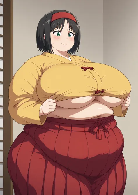 Erika, Erica,    Teal Eyelids ,  Black Hair,  red headband,   Shorthair,  yellow kimono,  boobs are not exposed,   Long Sleeve  ,  red hakama, score_9,   score_8_ up,   score_7_ up,   score_6_ up,   score_5_ up,   score_4_ up,     masterpiece   ,   top qua...