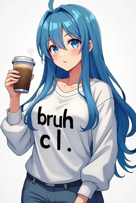 With a large inscription on her chest that says Bruh CL with coffee in her hand It will be an anime girl with blue hair Get your hair long You look a little sexy