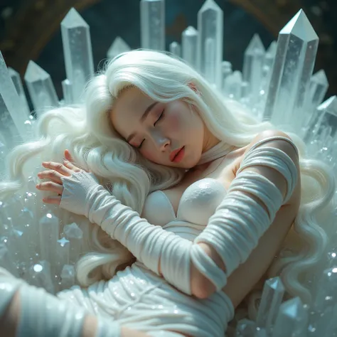 She is sleeping on crystals, crystal is shining, she is beautiful and gorgeous, really sexy body, hot body, large breast,hips up, white eyes, white hair, absurdly long hair, entire ground is covered in her hair, best sexy sleeping pose, most beautiful Kore...