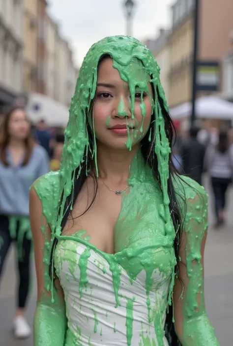 DSLR photograph. Beautiful Chinese woman covered in green water. Photorealistic. Wet liquid. Nasty slime. Raw photo. Wearing strapless white dress. London streets. Daytime. Green Slime. Dripping green goo. 30 years old. (Asian girl: 1.5). Wavy Black hair. ...