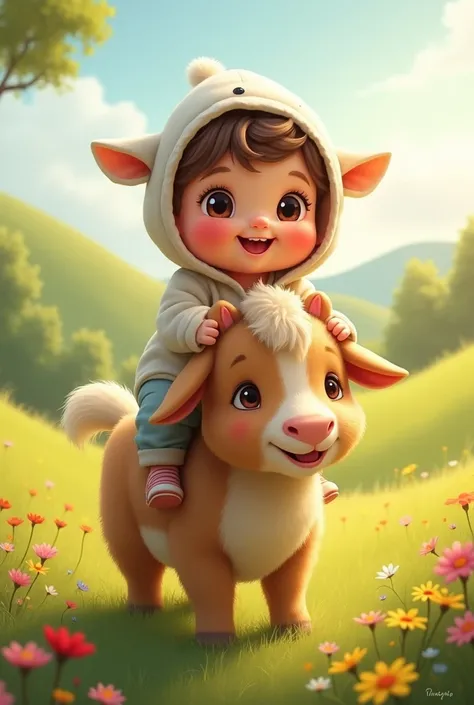 cute baby riding on animal 
