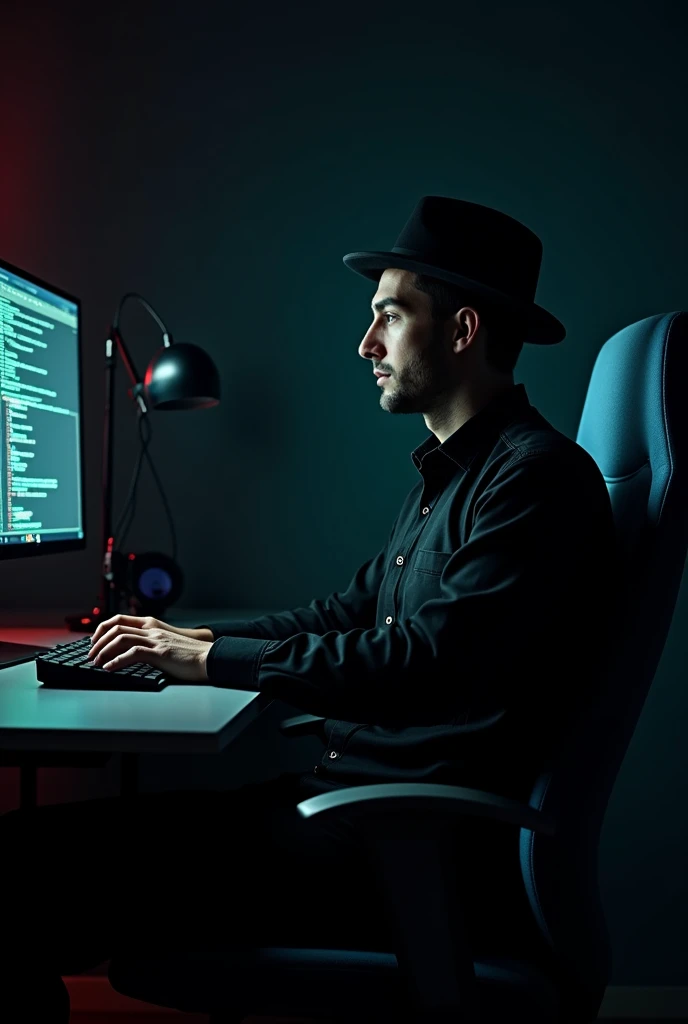 Face suit , Programmer, portant une chemise noire,  a black hat , assis sur une chaise bleue professionnelle, fond noir, lumière verte et rouge en arrière-plan et ordinateur plus microphone devant la tête (Look at me)  green blue light in the background.