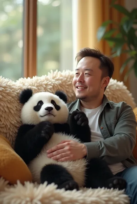 I want to make a video of a cute panda bear sitting on a couch with Elon Musk in front of him 