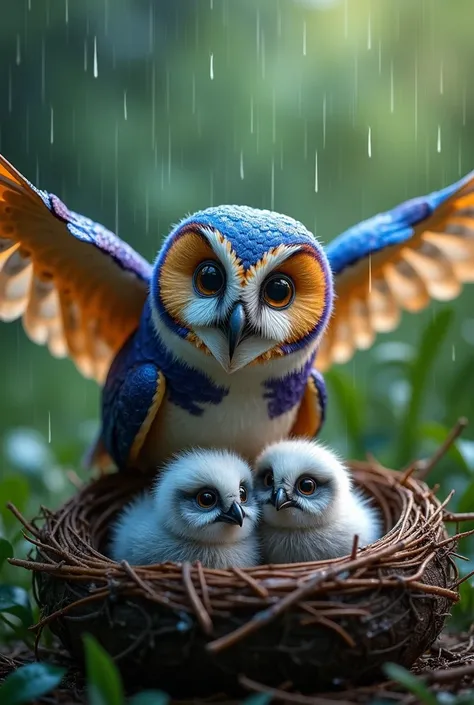 "A majestic, hyper-realistic owl with a vibrant mix of blue, orange, and purple feathers, sheltering its two fluffy chicks in a carefully crafted nest during a gentle rainfall. The owls wings are spread wide, creating a protective canopy over its young, wi...