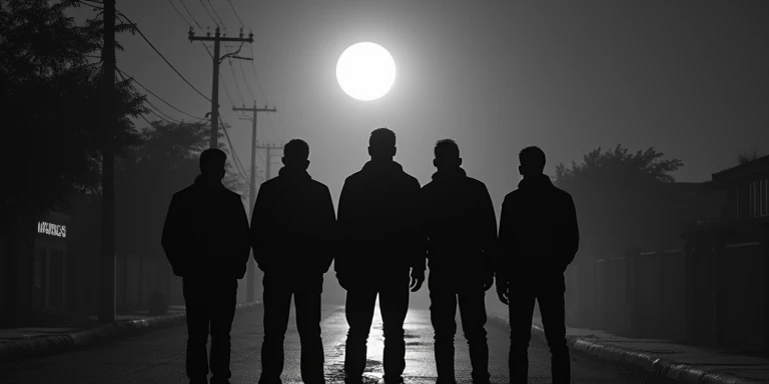 Black and white surreal photo based on the style of Starry Night. The backs of five drunken men shouldering each other on the street in a deserted street , 1 tall skinny skinny, 2 medium tall people , One person is a little short .  High in the sky, the br...