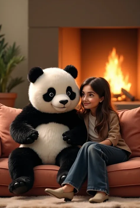 A cute panda bear is sitting on a sofa with an Algerian celebrity named Noumédia Lzoul