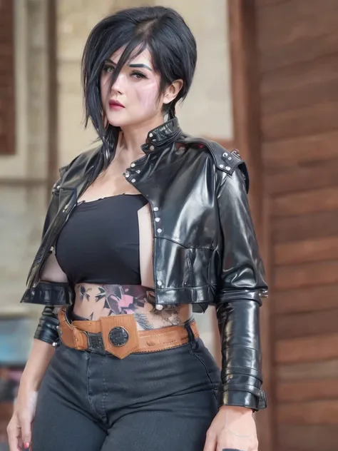 ((((Bbw)))) a woman with a tattoo on her arm and a leather jacket, breasts, short hair, black hair, multicolored hair, belt, pants, heterochromia, bandages, black pants, bandaid, cropped jacket, sarashi, bandaid on face