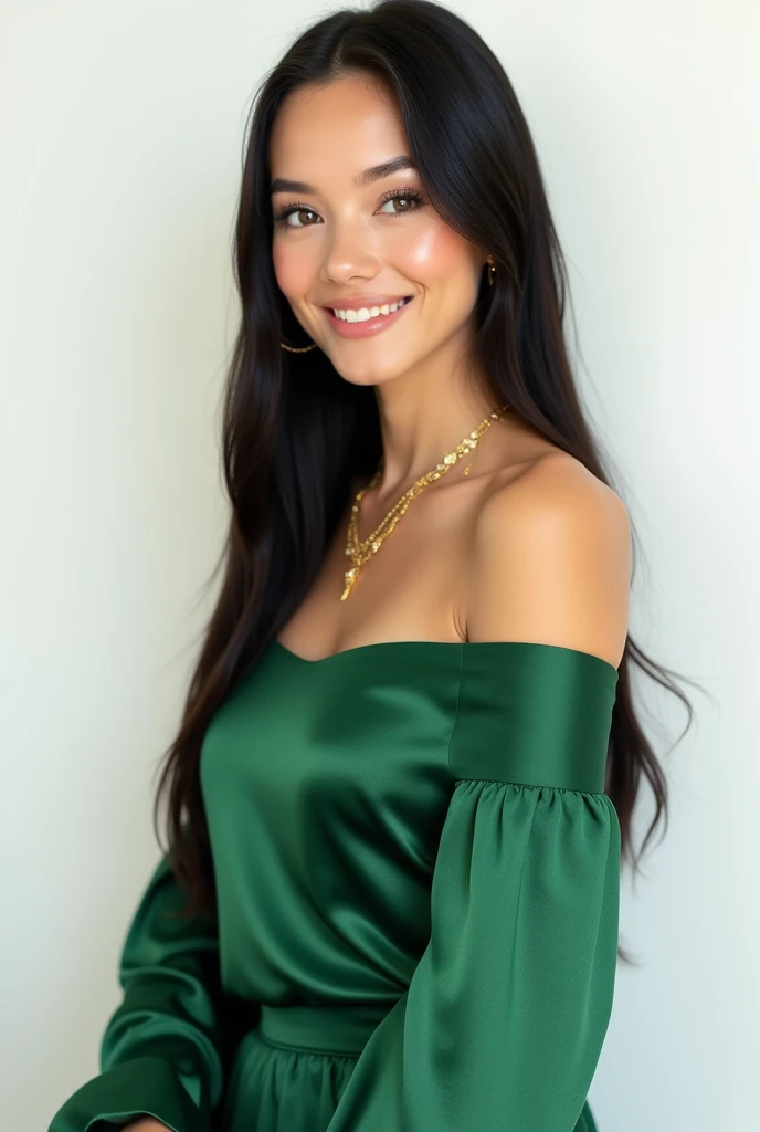   Beautiful rich Russian girl in green silk dress,  long straight black hair , smiling and bright face, wearing normal gold jewelry , , showing to the viewer, on white background