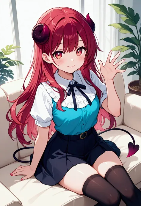 A woman dozing off on the sofa, a cute little demon sitting on her chest and waving with a smile, cute dream-like illustration art, ultra detailed, absolutely resolution, masterpiece