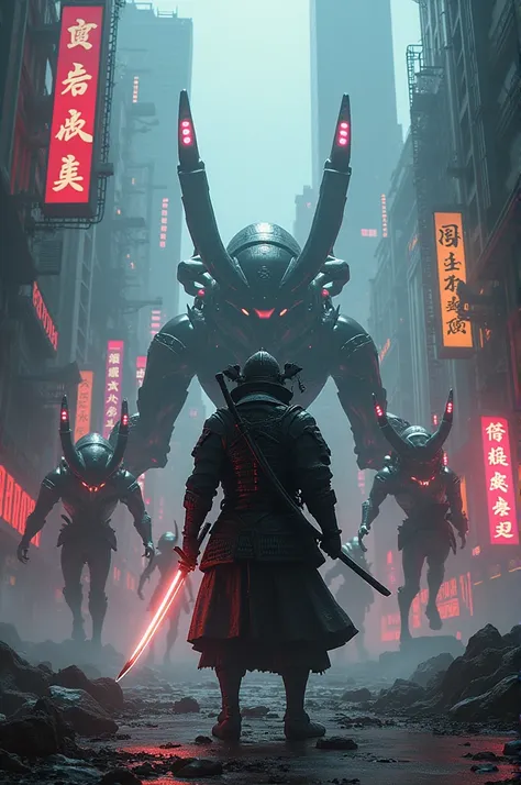 I want a samurai in the picture with robots and cybernetic animals that attacks the samurai