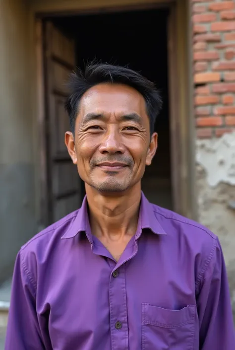 arafed man in a purple shirt standing outside of a building, a picture by Dan Content, pexels contest winner, realism, with accurate face, around 1 , taken with sony alpha 9, with kind face, he is about 20 years old, he is about 2 0 years old, candid pictu...